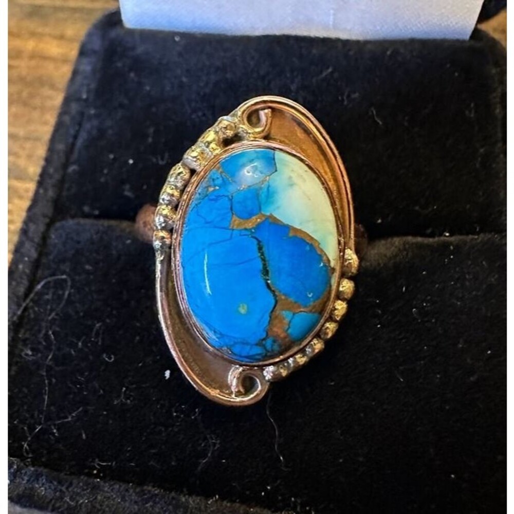 Oval Blue Copper Turquoise Pure Copper Ring Size 9